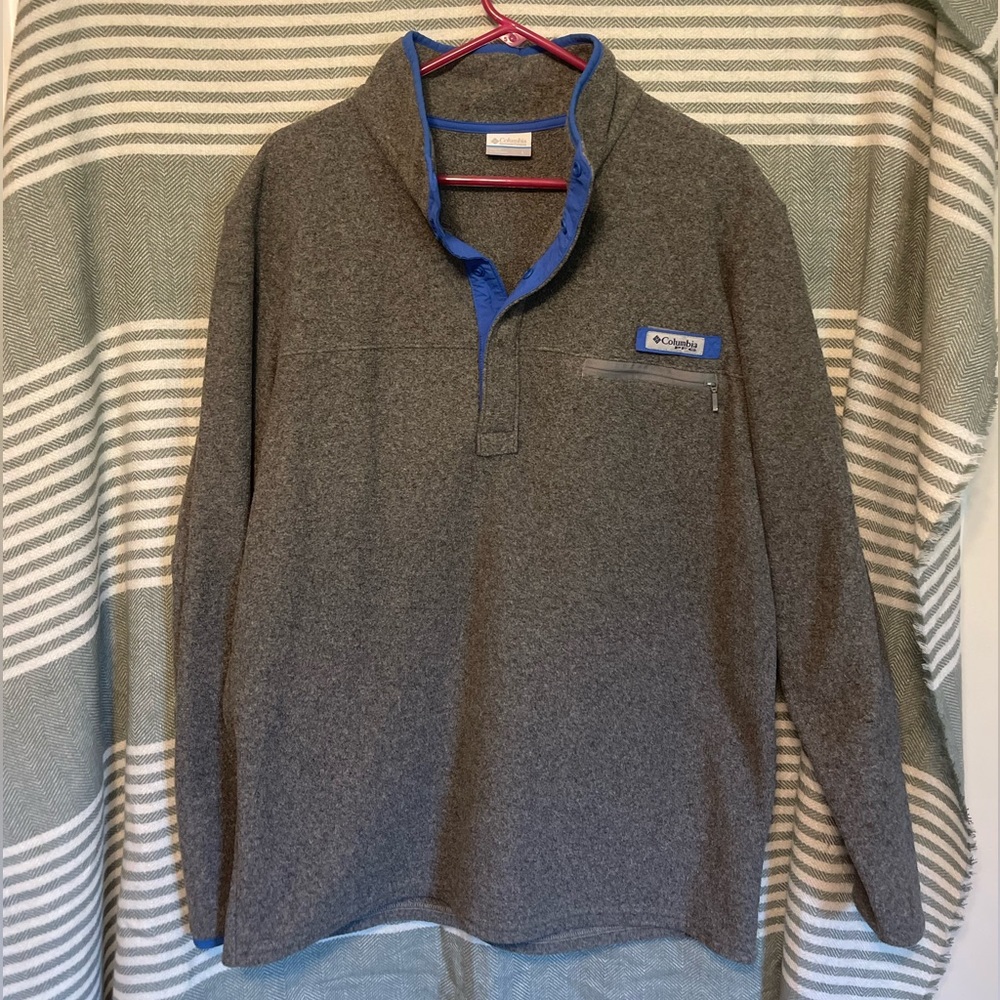 Columbia PFG Gray and Blue Half Snap Fleece‎ Pullover Size L